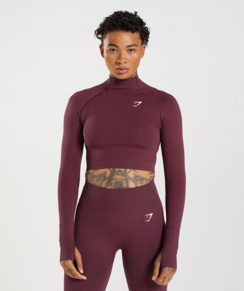 Women's Gymshark Vital Seamless 2.0 High Neck Midi Cropped Tops Burgundy | CA 756DA0